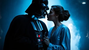 Darth Vader is kissing Princess Leia, Star Wars, ghostly atmosphere, detailed background, perfect hands, UHD, 8k, DSLR, masterpiece, photorealistic, award-winning