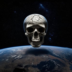 Astonishing, high-definition masterwork: Earth's cracked surface yields to a macabre skull, as fragments drift into the inky blackness. Against this haunting backdrop, an intricate tapestry of stars and galaxies unfurls, underscoring our planet's precarious existence within the boundless cosmos. Framed against the dark void, the skull serves as a poignant reminder of mortality, while the stellar expanse above echoes with the universe's infinite scale.