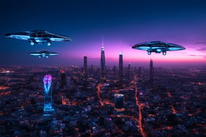 A majestic panoramic view of a futuristic cityscape at dusk, bathed in an electric glow. Sleek, hovering vehicles glide effortlessly above neon-lit skyscrapers, their intricate patterns pulsing like a symphony. Dynamic compositions juxtapose the smooth metallic surfaces with the vehicles' glowing paths, as they move in tandem. Angular and organic architectural forms converge amidst a bustling metropolis, set against a twilight sky that whispers purple and blue hues. The scene is a masterpiece of photorealism, worthy of an award-winning 8k UHD capture.