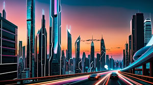 A panoramic view of a futuristic urban landscape at dusk, featuring sleek, hovering vehicles gliding above neon-lit skyscrapers. The scene is bathed in a vibrant, electric glow, with dynamic compositions highlighting the contrast between the smooth, metallic surfaces of the buildings and the intricate, glowing patterns of the hovering vehicles. The vehicles are in motion, creating a sense of energy and forward momentum. The location is a bustling metropolis, with a mix of angular and organic architectural forms, set against a twilight sky with hints of purple and blue.