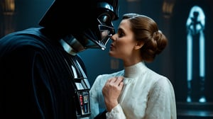 Darth Vader is kissing Princess Leia, Star Wars, ghostly atmosphere, detailed background, perfect hands, UHD, 8k, DSLR, masterpiece, photorealistic, award-winning