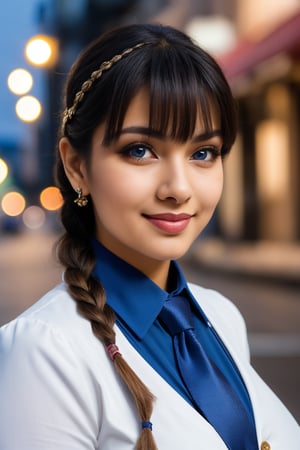 masterpiece, best quality, cute, kawaii, Long hair, wavy hair, Indian  hair, blue  eyes, swept bangs, , large open  breasts, button gap, braid, transparent   top, hairpin, necktie, depth of field, street, bokeh, night, portrait, Indian Women,curvy body 