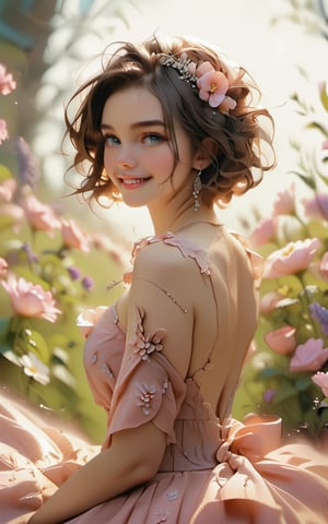 symmetrical, high quality, highres, absurdres, ((masterpiece, best quality)), (((masterpiece, best_quality, highest quality))), light blue eyes, (perfect detail, perfect skin:1.2),extremely detailed 8K wallpaper, solo, beautiful woman, beautiful brown hair, short hair, happy, wearing a pink silk dress, (sitting in lavender field), spring, flowers, soft lighting, full body, hyper realistic dynamic 35mm photo, depth of field, motion blur , Expressiveh,concept art, score_6

