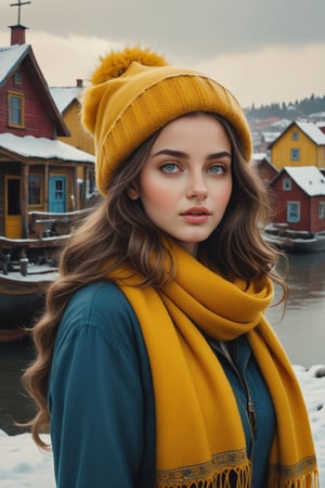 (best quality), (UHQ, 8k, high resolution), (masterpiece), (unsurpassed image quality), a beautiful girl with eastern European features, serious face with a beautiful and cute face, blue eyes, bright eyes , shiny skin, long natural hair, wearing a yellow wool scarf with a yellow wool hat, a brown jacket, walking through a snowy port town in the middle of the day with several houses painted in different colors, cowboy style photo
, in the style of esao andrews,Kasturi