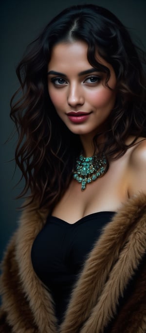 Generate hyper realistic image of a beautiful native woman with dark brown hair cascading down her back, looking directly at the viewer with a gentle smile. She has striking blue eyes and is wearing a black strapless dress paired with a brown fur coat draped over her shoulders. Her neck is adorned with a multi-colored necklace, composed of blue stones arranged in a circular pattern. The setting is a dark room that highlights the elegance of her attire and the vividness of the necklace.