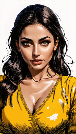 (A fusion of pen and ink and duo tones, digital art), beautiful woman, 32yo, Detailed Textures, high quality, high resolution, high Accuracy, realism, color correction, Proper lighting settings, harmonious composition, Behance works,majien