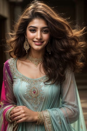 A vibrant close-up shot of the stunning 20-year-old model, face aglow under soft diffused lighting. Her radiant beauty shines, colorful hair. Makeup, smile face, full_body, fully_dressed, outside, wear pakistani full shalwar kameez, show full body, high_heels, fully_clothed