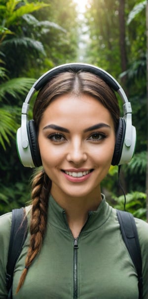 Create a futuristic one girl wearing oh headphone and the smile on face look like model, intense scene, a green moody effect, portrait, picture of the year, hyper-detail, masterpiece, in the background a greenery around her, 