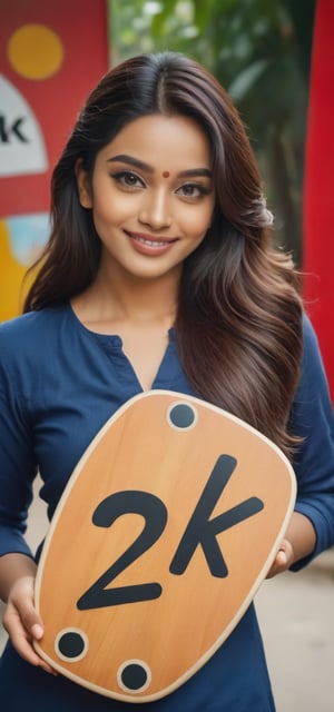 a beautiful girl holding a board with the text saying 
''2K" smiling, daytime,Kasturi