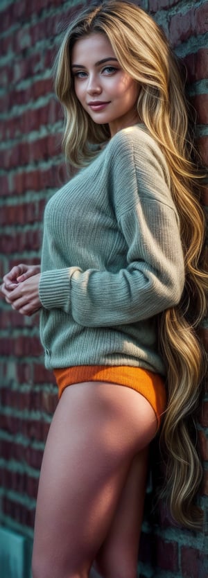 Create an ultra-realistic image of a woman with flowing blond hair, standing in front of a weathered brick wall. She's dressed in a orange sweater, which she lifts slightly, showcasing a hint of blush on her tanned skin. With a gentle smile, she looks directly at the viewer, her long hair cascading down. The scene radiates simplicity and genuine beauty, highlighting the natural elegance of the moment. Her hands and fingers are impeccably depicted, with a focus on their short, perfect form. The image should be photorealistic.