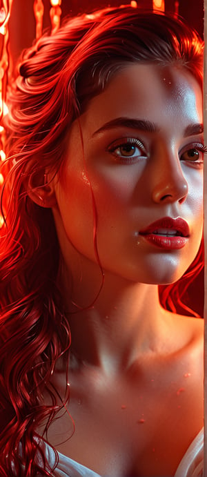 (best quality, 4K, 8K, high-resolution, masterpiece), ultra-detailed, photorealistic, young stunning woman, ethereal glow, red hues, soft lighting, melting effect, surreal atmosphere, digital art.