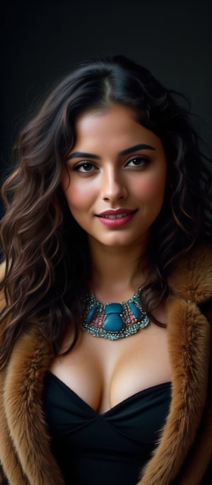 Generate hyper realistic image of a beautiful native woman with dark brown hair cascading down her back, looking directly at the viewer with a gentle smile. She has striking blue eyes and is wearing a black strapless dress paired with a brown fur coat draped over her shoulders. Her neck is adorned with a multi-colored necklace, composed of blue stones arranged in a circular pattern. The setting is a dark room that highlights the elegance of her attire and the vividness of the necklace.