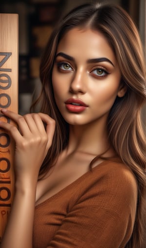 hyper-detailed, realistic, vivid colors:1.23, hdr:1.32, cinematic illustration, sharp image:1.32, 23yo.,  A beautiful stunning girl ,holding a wooden board with text "2000" text, , beautiful detailed lips, ((eyelashes)),Kasturi