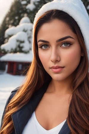 photograph of a cute pretty 18yo girl, busty, ((very long, , redhair)), ((fair), (blue eyes) skin, blush, innocent, snowfall, winter coat with a ski hat, detailed skin, detailed eyes, red lips, close up,Porta 160 color, shot on ARRI ALEXA 65, bokeh, sharp focus on subject, sfw,Mythri