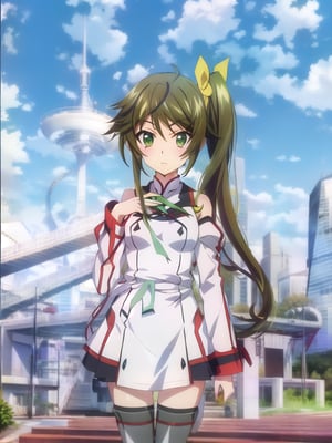 (delicate depiction) (animation color)
Feng Luanyin(Infinite Stratos) 
Feng Luanyin(Long grass green side-tailed hair, yellow-green hair ribbon, emerald green eyes, school uniform, white dress, sleeveless, black knee-high socks)
