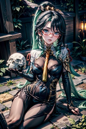 very detailed, high quality, masterpiece, beautiful, (full shot), 1girl, solo, Xianyun from Genshin Impact, (medium black and aqua green hair, red glasses, light blue eyes, white skin, she is tall, slim and slender body, perfect tits, perfect ass, she is wearing her usual outfit, she is sitting in the middle of a garden, detailed background, Xianyun),skull head, dress, elbow gloves, bodysuit, chinese clothes, earrings, hair ornament, multicolored hair, ponytail, semi-rimless eyewear,long hair