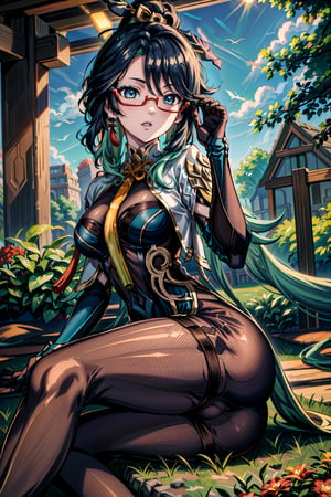 very detailed, high quality, masterpiece, beautiful, (full shot), 1girl, solo, Xianyun from Genshin Impact, (medium black and aqua green hair, red glasses, light blue eyes, white skin, she is tall, slim and slender body, perfect tits, perfect ass, she is wearing her usual outfit, she is sitting in the middle of a garden with many flowers and trees, detailed background, Xianyun),skull head,malo, dress, elbow gloves, bodysuit, chinese clothes, earrings, hair ornament, multicolored hair, ponytail, semi-rimless eyewear,long hair