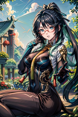 very detailed, high quality, masterpiece, beautiful, (full shot), 1girl, solo, Xianyun from Genshin Impact, (medium black and aqua green hair, red glasses, light blue eyes, white skin, she is tall, slim and slender body, perfect tits, perfect ass, she is wearing her usual outfit, she is sitting in the middle of a garden with many flowers and trees, detailed background, Xianyun),skull head,malo, dress, elbow gloves, bodysuit, chinese clothes, earrings, hair ornament, multicolored hair, ponytail, semi-rimless eyewear,long hair