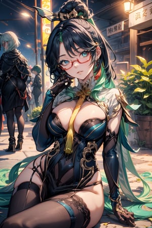 very detailed, high quality, masterpiece, beautiful, (full shot), 1girl, solo, Xianyun from Genshin Impact, (medium black and aqua green hair, red glasses, light blue eyes, white skin, she is tall, slim and slender body, perfect tits, perfect ass, she is wearing her usual outfit, she is sitting in the middle of a garden, she is posing randomly, detailed background, Xianyun),skull head, dress, elbow gloves, bodysuit, chinese clothes, earrings, hair ornament, multicolored hair, ponytail, semi-rimless eyewear,long hair,SEXY