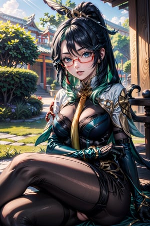 very detailed, high quality, masterpiece, beautiful, (full shot), 1girl, solo, Xianyun from Genshin Impact, (medium black and aqua green hair, red glasses, light blue eyes, white skin, she is tall, slim and slender body, perfect tits, perfect ass, she is wearing her usual outfit, she is sitting in the middle of a garden, she is posing sexy, detailed background, Xianyun),skull head, dress, elbow gloves, bodysuit, chinese clothes, earrings, hair ornament, multicolored hair, ponytail, semi-rimless eyewear,long hair,SEXY,cute,Girls,Anime