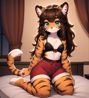 1 tiger girl, long, curly brown hair, green eyes, orange fur with black stripes, wide waist, C cup chest, tail, kneeling in bed loli with red pijamas