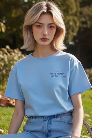 Photo of a beautiful, fit woman with blonde hair and brown eyes,(brunette:1.2)hot lips,, (wearing oversize an light blue crewneck tee: 1.2) and blue jeans, (tee Made with a light-heavy fabric blend:1.3).  She is sit in a park in the city width flores in the back,AUTUMN TIME,AUTUMN DAY, (with a relaxed posture: 1.2), she is nect to a book. Her skin is flawless, and the overall scene captures a natural, outdoor setting. Macro details,Masterpiece,Skin texture style, hdr quality,Detailedface,photorealistic, raw,melissa,hubggirl