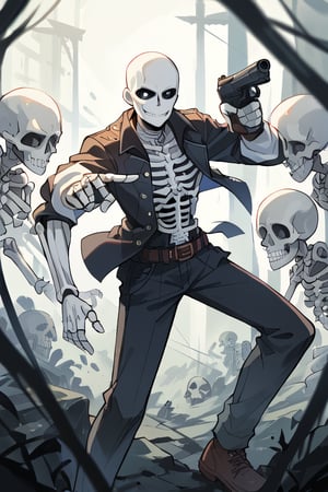 two skeleton greetig the camera, smile skeletos, (skeletons:1.2), black backgroud, skeletos,ultra simple skeletons, head of axolotl, axolotl head, ,smilig,score_7_up,source_anime,score_8_up,handgun,holding gun,score_9,aiming