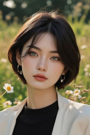 boa hancock, most beutiful woman, sexiest woman, hottest woman, photo realistic, blue eyes, straight hair, black hair, sexy woman, fit woman, she is in the garden aesthetic photo, daisys, young woman, simple background, asian girl,beauty girl,hubggirl