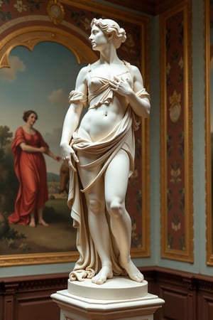 A statue of a woman from the Italian opera, depicted on a classic column base, rendered in ivory and beige colors. The statue is framed in a close-up shot, with soft directional lighting highlighting its intricate details and graceful form. The background features a Renaissance frescoed wall, adorned with elaborate murals and rich, warm tones. The composition captures the elegance and timeless beauty of the statue, set against the ornate and historical backdrop of the frescoed wall. The overall effect is a harmonious blend of classical artistry and Renaissance grandeur.