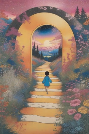 A whimsical scene unfolds: a vibrant portal materializes amidst lush meadow wildflowers. A curious child, clad in radiant yellow, steps into the shimmering gateway, leaving a trail of sparkling glitter behind. The child disappears into the kaleidoscope of colors within the Ukiyo-e inspired portal, surrounded by swirling hues of pink, blue, and orange.