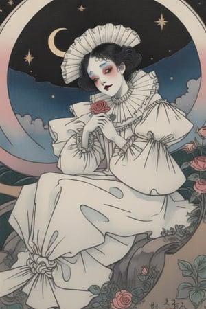 In a dreamlike tableau, Pierrot, a beautiful French girl, sits serenely on the curve of a crescent moon. Her gaze is sweet and cinematic as she holds a rose in her hand. A large white ruffle collar frames her face, adorned with French pierrot makeup and a single black teardrop below her eye. The composition is dynamic, inviting the viewer to step into this whimsical world. Hyper-detailed textures shine like 4K resolution HDR, while the overall aesthetic evokes Mirano Fujita's style. In this sci-fi-futuristic-shroompunk realm, Pierrot's flat chested figure stands out amidst a fantastical landscape.