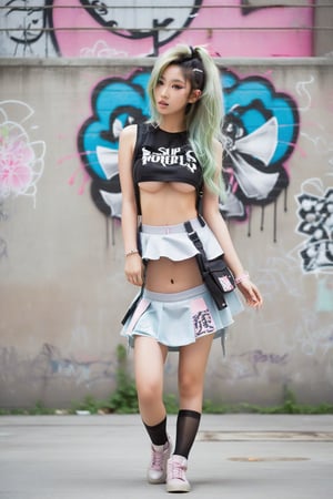 A beautiful 20-year-old Asian girl radiates ethereal charm with a touch of grunge edge. She poses confidently in front of an urban graffiti-covered concrete wall, her messy pastel hair and makeup adding to the whimsical contrast. A tiny micro tutu miniskirt clings to her legs, paired with a sleeveless crop top showcasing underboob. Floral baseball boots and torn black stockings create a rebellious look. Black dragon wings sprout from her back, blending seamlessly into the urban backdrop.