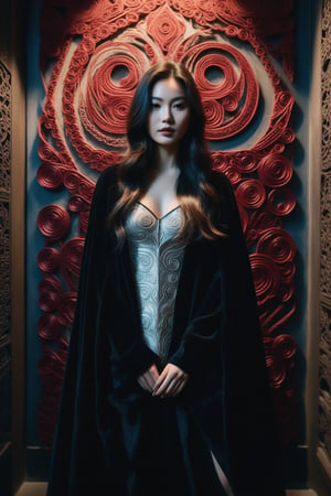 Asian girl posing amidst a dense dungeon filled with Red oak and Velvet textures, surrounded by Dark Wave Art-inspired murals. She's dressed in a flowing [Kevlar/Mohair] cloak, her long hair whipping around her face as she gazes directly at the camera. The atmosphere is dark and moody, illuminated only by a hint of cinematic lighting and the eerie glow of a Polaroid photo. F/2.8 aperture and RAW photo quality capture every detail, from the intricate Soutache patterns on her clothing to the swirling Silver textures in the background. A single beam of light casts an intense, [Intensive/Striking] shadow across her face, as if highlighting her Lustful gaze.