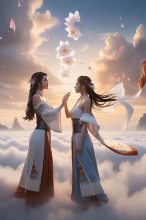 In a photorealistic, cinematic scene, two girls stand in a horizontal line, shoulder-to-shoulder, against a backdrop of sea of clouds. The backlighting accentuates their features, with warm light on their faces and intricate details on their skin. Their bodies are perfectly proportioned, with delicate facial features and long, flowing white hair adorned with a lace choker and a hair flower. They wear Chinese-inspired robes that seem to be floating in mid-air, along with floating petals and a subtle gradient effect. The atmosphere is dramatic and intense, with smoky wisps circling the sky and an epic contrast between the bright colors of their skin and the cool tones of the clouds. One girl's hand reaches out, as if dancing or conducting, amidst a dynamic angle that puts the viewer in the midst of this fantastical world inspired by The World of Ice and Fire.
