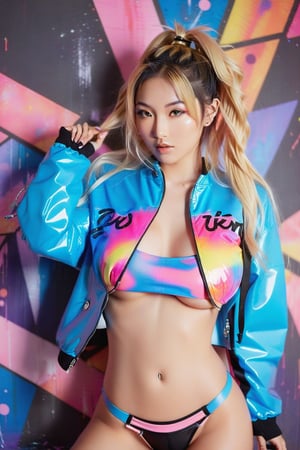 A sultry Asian girl with twintails and blonde hair, wearing a shiny transparent jacket and latex crop-top, posing in a medium shot against an abstract geometric background with iridescent hues. Her beautiful blue eyes sparkle as she smizes, revealing a subtle hint of underboob at the pit. The atmosphere is electric, surrounded by a psychedelic explosion of colorful paint-like swirls [(colorful explosion psychedelic paint colors:0.7)::10], adding to her sultry and playful demeanor.