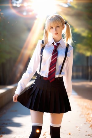 ((masterpiece, best quality)), insaneres, absurdres, solo, outdoors,

CLOTHING BibleBlack SchoolDress, 
 
1girl, blonde hair,  long hair, blue eyes, 

black vest, red skirt, white shirt, collared shirt, suspenders, school uniform, black thighhighs, zettai ryouiki, necktie, long sleeves, pleated skirt, red necktie, 

(contrapposto, hand on hip),

lens flare, depth of field, bokeh, embers, vanishing point, looking at viewer,