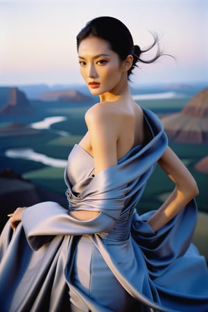 Haute Couture of Gainsboro Gray unfurls across the upper body (1.4) of a stunning asian female model, posed against a breathtaking landscape at summer's dusk. The professional medium format film captures every detail as Richard Avedon's lens sharpens on her elegance. Soft, golden light casts a warm glow on her features, set against a backdrop of fantastic scenery with intense colors (4). 