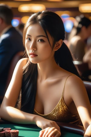 A breathtaking, ultra-realistic masterpiece of an Asian girl, ponytail flowing with her long, luscious black hair, sits intently at a poker table in the midst of a crowded Las Vegas casino. Strong sunlight pours in through the window, casting a warm glow on her striking features as she focuses on the game. The air is thick with tension and anticipation, the camera capturing every intricate detail as the girl's eyes narrow in concentration. Noon sunshine casts a golden hue on the scene, amplifying the raw photo's ultra-high resolution and unparalleled quality.