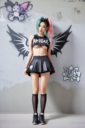 beautiful 20yo girl, an asian girl in Fairy Grunge fashion, blending ethereal charm with a touch of grunge edge, She wears a tiny micro tutu miniskirt, sleeveless croptop giving a flash of underboob, floral baseball boots and torn black stockings, creating a whimsical contrast to the rebellious aesthetic. Messy, pastel multi-colored hair and makeup complete the look, perforated skirt, baseball boots, goth person, black dragon wings, ExStyle, Urban Grafitti covered concrete wall Background,underboob,
