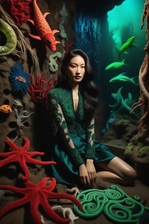 Asian girl Annie Leibovitz style, surrounded by maximalist dark wave art in a dense dungeon lit by cinematic lighting with red oak and velvet textures. She's posed amidst eerie sea creatures made of soutache and land art. Her skin glows under polaroid-style flash, while her eyes seem to burn with an electric green intensity. F/2.8, RAW photo. (Flickr)