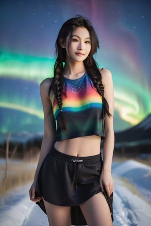 In this stunning RAW photo, a beautiful 18-year-old Asian girl with long black hair and a braided side poses in a dark background, illuminated by the ethereal glow of the Northern Lights and aurora. She wears a revealing tank top and dark midi skirt, showcasing her alluring physique. Her face exudes a playful smile, with closed lips and chubby cheeks. The camera captures her full body in a far shot, with the ancient castle's silhouette visible in the background. Her skin has high detail, with a subtle sheen. A FujiFilm XT 3 camera was used, with an aperture of f/1.7 and focal length of 27 mm. The image is rendered in 8k HD, with a high-quality film grain effect. The subject's body is well-proportioned, without flaws, as she gazes out into the night sky, her gaze focused on something unseen. Her long tank top features dark tight flowers, while China-inspired multi-colored tattoos adorn her entire body.