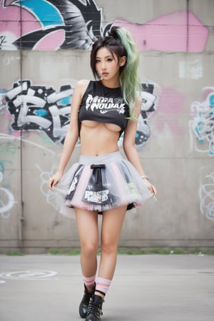 A beautiful 20-year-old Asian girl radiates ethereal charm with a touch of grunge edge. She poses confidently in front of an urban graffiti-covered concrete wall, her messy pastel hair and makeup adding to the whimsical contrast. A tiny micro tutu miniskirt clings to her legs, paired with a sleeveless crop top showcasing underboob. Floral baseball boots and torn black stockings create a rebellious look. Black dragon wings sprout from her back, blending seamlessly into the urban backdrop.