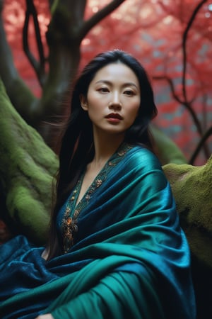 Here's the SD prompt:

A dark and moody Annie Leibovitz-esque portrait of an Asian girl surrounded by maximalist, velvet-draped red oak trees in a dense dungeon. A dark white splash illuminates her face, as if lit by moonlight. Her skin is painted with sickeningly bright pastel colors, like a work of art by Franklin Booth. She's adorned with soutache and wears [Kevlar|Mohair] armor, as the camera blurs her motion amidst a sea of electric green hues (Cycles render). A Fujifilm Superia X-TRA 400 film-like aesthetic is achieved using a Canon 5d mark 4 with an 800mm lens. The image is both fractal and hyper-detailed, like a work by Oleg Korolev. Her features are accentuated by cinematic lighting, with a hint of Olga Dzhunin's 'Sickening' style. A deep indigo background ('The Gate':1.3) provides a striking contrast to her radiant beauty. The overall mood is peaceful yet lustful, like a Doug Aitken installation.