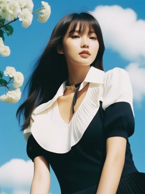 Here's a prompt for you:

Capture an 18-year-old Asian top supermodel standing outdoors, wearing a black pleated skirt, white collared shirt with short sleeves, tucked in and showcasing her curvaceous figure. Her long brown hair cascades down her back, adorned with bangs and a choker. She gazes directly at the viewer with piercing blue eyes, a sultry expression on her lips. The background features a tree against a bright blue sky with puffy clouds, while a white flower adorns her hand behind her back. Use Superia 400 film with a polaroid-style flash and softbox to create a mesmerizing blend of soft lighting and shadows, emphasizing the model's natural beauty.