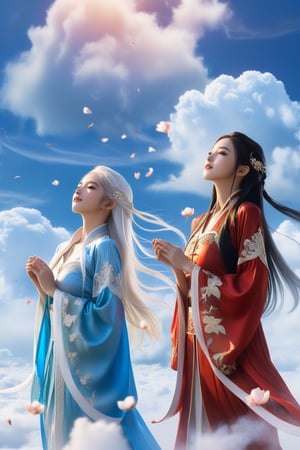 Here's a photorealistic prompt:

A stunning harem scene depicting two ethereal girls standing side by side on the same horizontal line, with their faces illuminated by soft backlights and dramatic rim lighting. The girls' skin is highly detailed, showcasing delicate skin texture and perfect facial features. They wear intricately designed Chinese robes that float around them like clouds, with long white hair flowing gently in the breeze. A lace choker adorns each girl's neck, and their faces are flushed with a subtle blush. In the background, a sea of skyblue clouds drift lazily by, punctuated by falling petals and wisps of smoke curling up from the sky. The dynamic angle captures the girls' hands clasped together as they seem to float effortlessly amidst the clouds. The world around them is bathed in a gradient of blue, rich red, heavy blue, and green hues, evoking the epic cinematic style of 'The World of Ice and Fire.' 