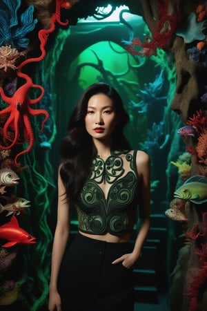 Asian girl Annie Leibovitz style, surrounded by maximalist dark wave art in a dense dungeon lit by cinematic lighting with red oak and velvet textures. She's posed amidst eerie sea creatures made of soutache and land art. Her skin glows under polaroid-style flash, while her eyes seem to burn with an electric green intensity. F/2.8, RAW photo. (Flickr)