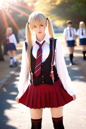 ((masterpiece, best quality)), insaneres, absurdres, solo, outdoors,

CLOTHING BibleBlack SchoolDress, 
 
1girl, blonde hair,  long hair, blue eyes, 

black vest, red skirt, white shirt, collared shirt, suspenders, school uniform, black thighhighs, zettai ryouiki, necktie, long sleeves, pleated skirt, red necktie, 

(contrapposto, hand on hip),

lens flare, depth of field, bokeh, embers, vanishing point, looking at viewer,