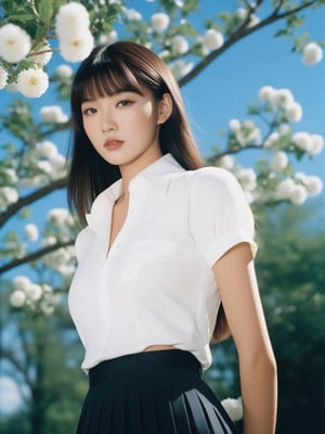 Here's a prompt for you:

Capture an 18-year-old Asian top supermodel standing outdoors, wearing a black pleated skirt, white collared shirt with short sleeves, tucked in and showcasing her curvaceous figure. Her long brown hair cascades down her back, adorned with bangs and a choker. She gazes directly at the viewer with piercing blue eyes, a sultry expression on her lips. The background features a tree against a bright blue sky with puffy clouds, while a white flower adorns her hand behind her back. Use Superia 400 film with a polaroid-style flash and softbox to create a mesmerizing blend of soft lighting and shadows, emphasizing the model's natural beauty.