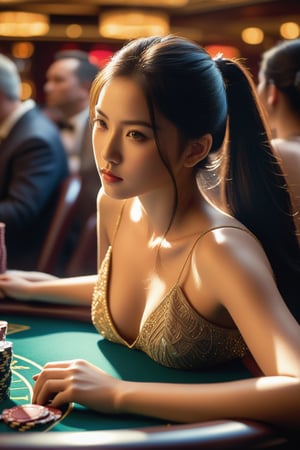A breathtaking, ultra-realistic masterpiece of an Asian girl, ponytail flowing with her long, luscious black hair, sits intently at a poker table in the midst of a crowded Las Vegas casino. Strong sunlight pours in through the window, casting a warm glow on her striking features as she focuses on the game. The air is thick with tension and anticipation, the camera capturing every intricate detail as the girl's eyes narrow in concentration. Noon sunshine casts a golden hue on the scene, amplifying the raw photo's ultra-high resolution and unparalleled quality.