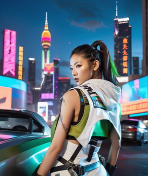 Night falls on the neon-lit cityscape as a young Asian woman with a fierce gaze and striking features leans against the sleek, metallic hood of a cyberpunk car. Her sleeveless white vest glows under the bright lights, while her short coat flaps open to reveal cybernetic implants and intricate tattoos. A sniper rifle rests comfortably on her shoulder, its neon-green scope reflecting the vibrant hues of the city's billboards. Her hair is pulled back in a ponytail, framing her determined expression as she stands confidently in military boots. The cinematic shot captures her profile, with the city's towering skyscrapers and bustling streets blurred into a kaleidoscope of color behind her. Neon signs flicker to life, casting an otherworldly glow on the scene.